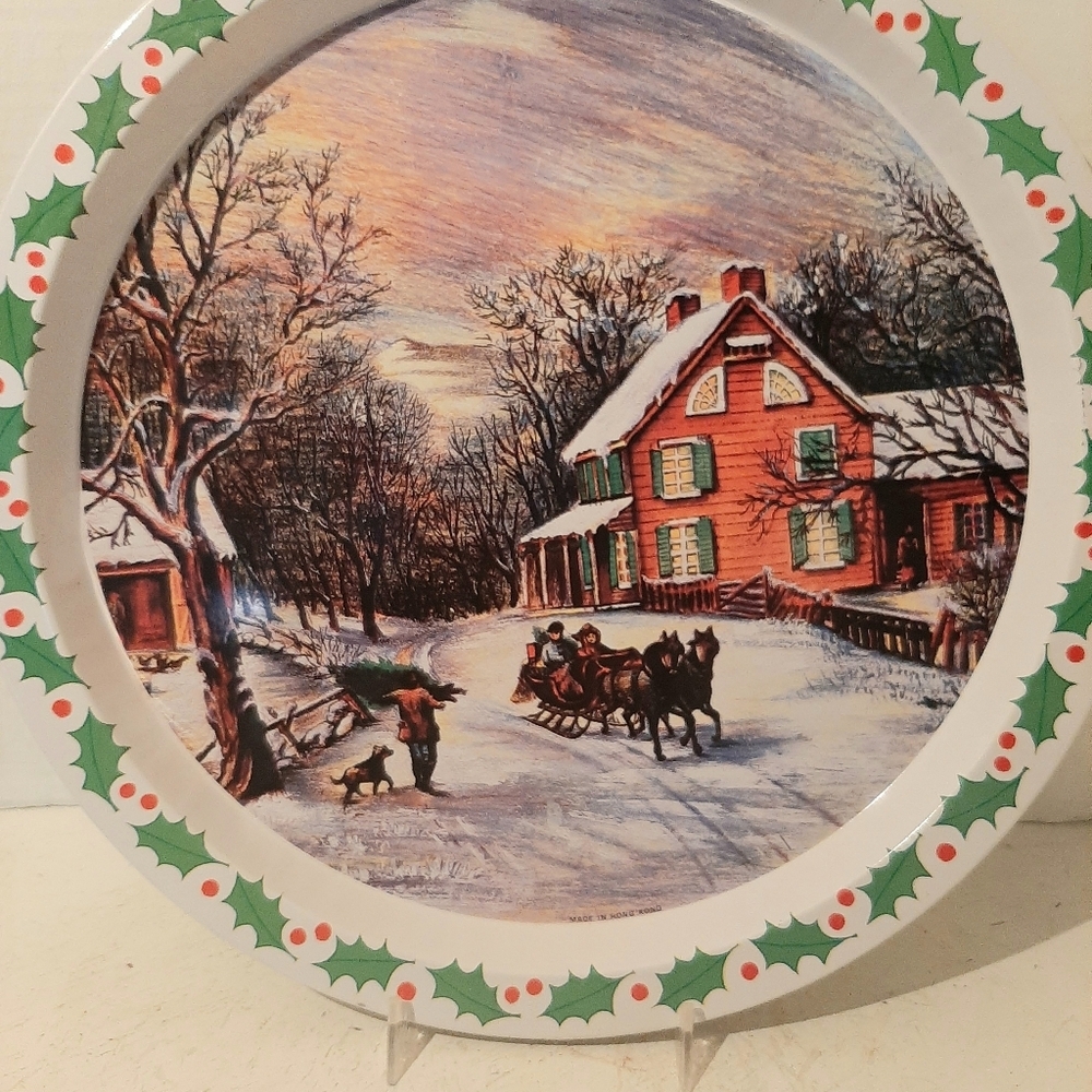 Holiday Scene Decorative Metal Tray. Appr.14 in.Made in Hong Kong